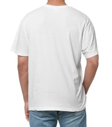 Photo of Man wearing t-shirt on white background, closeup