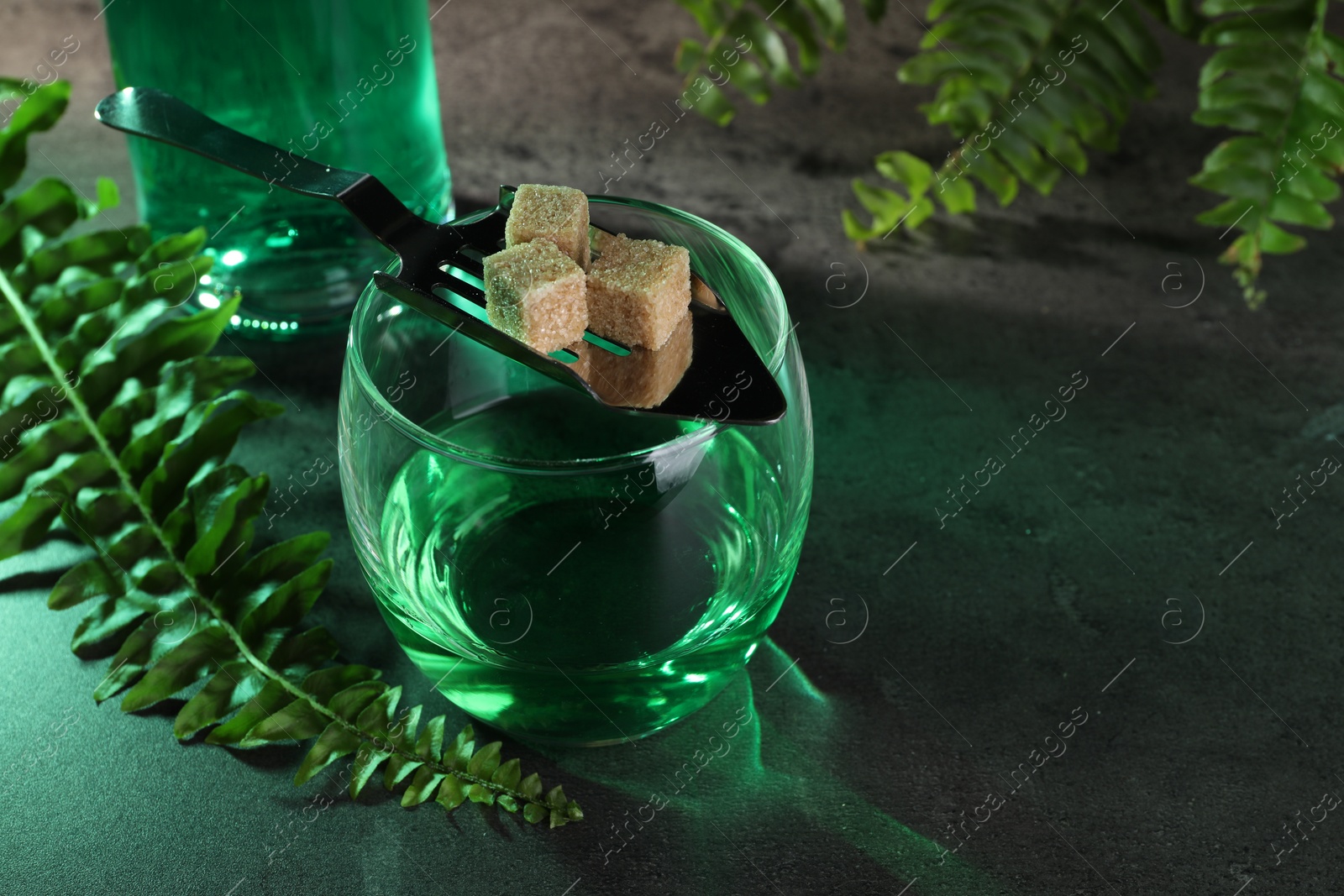 Photo of Absinthe in glass, spoon, brown sugar cubes and fern leaves on gray textured table, closeup with space for text. Alcoholic drink