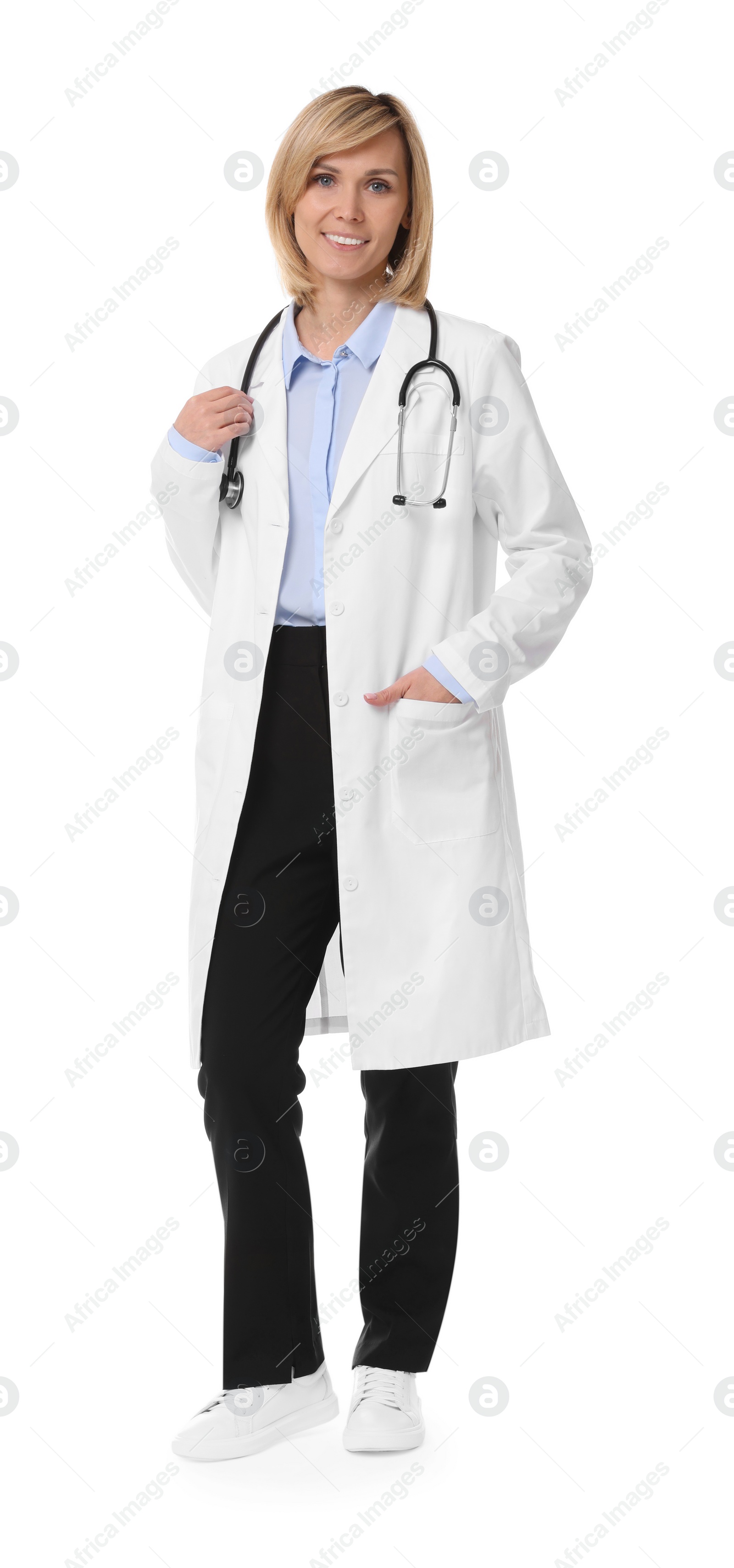 Photo of Smiling doctor in uniform on white background