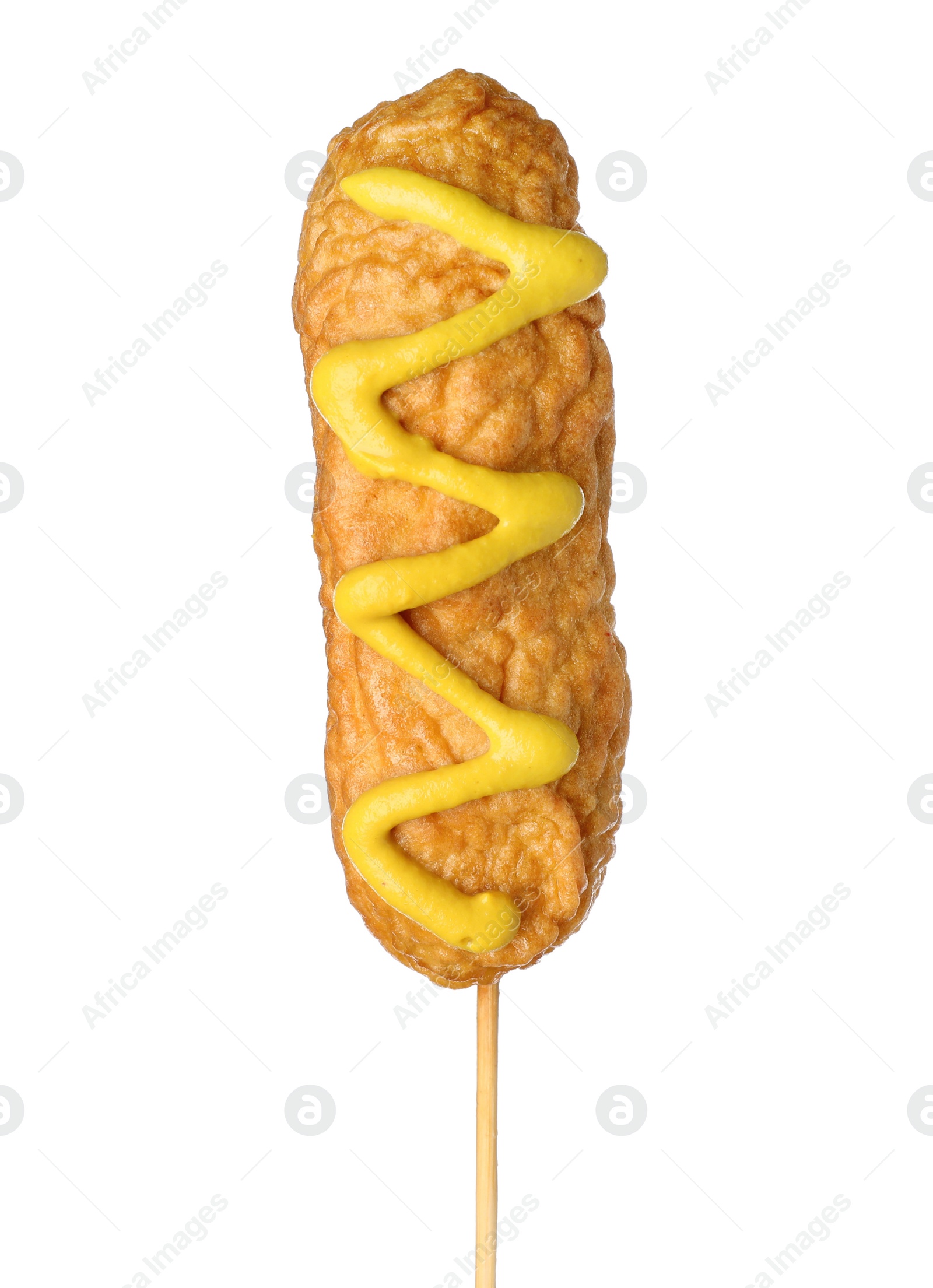 Photo of Delicious deep fried corn dog with mustard isolated on white