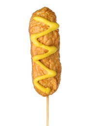 Delicious deep fried corn dog with mustard isolated on white