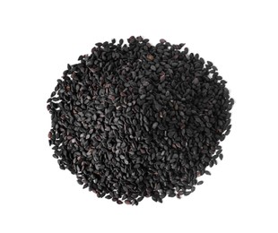 Photo of Pile of black sesame seeds on white background, top view