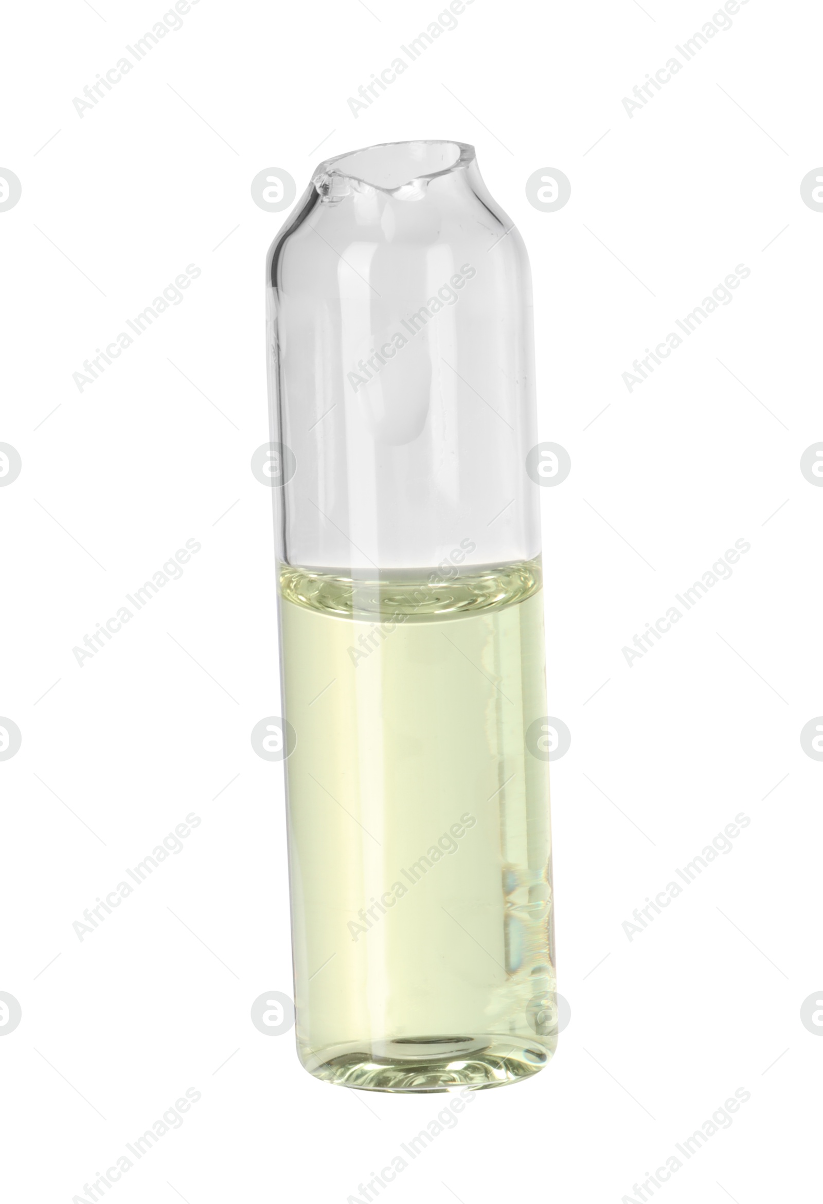 Photo of Open glass ampoule with liquid isolated on white