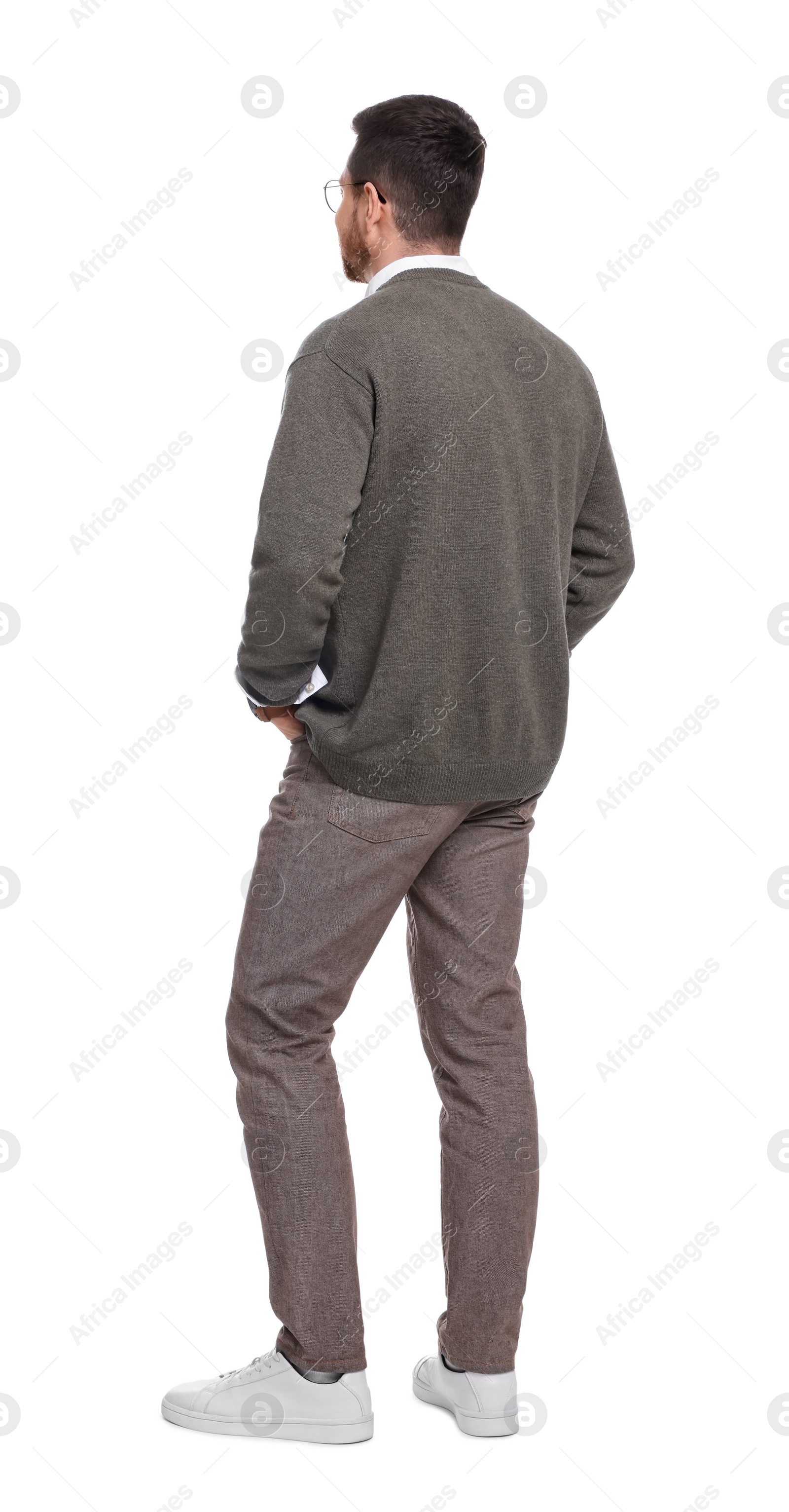 Photo of Businessman in eyeglasses standing on white background