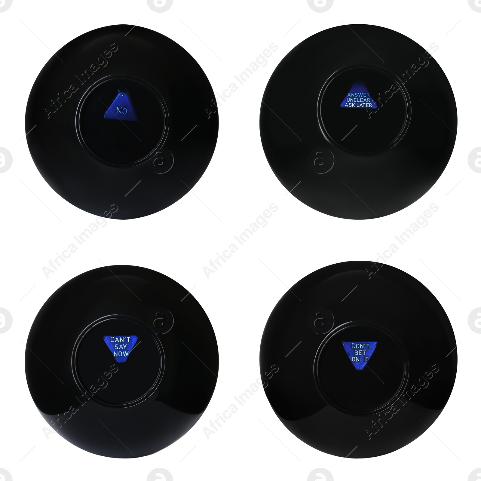 Image of Magic eight ball with different predictions isolated on white, collection