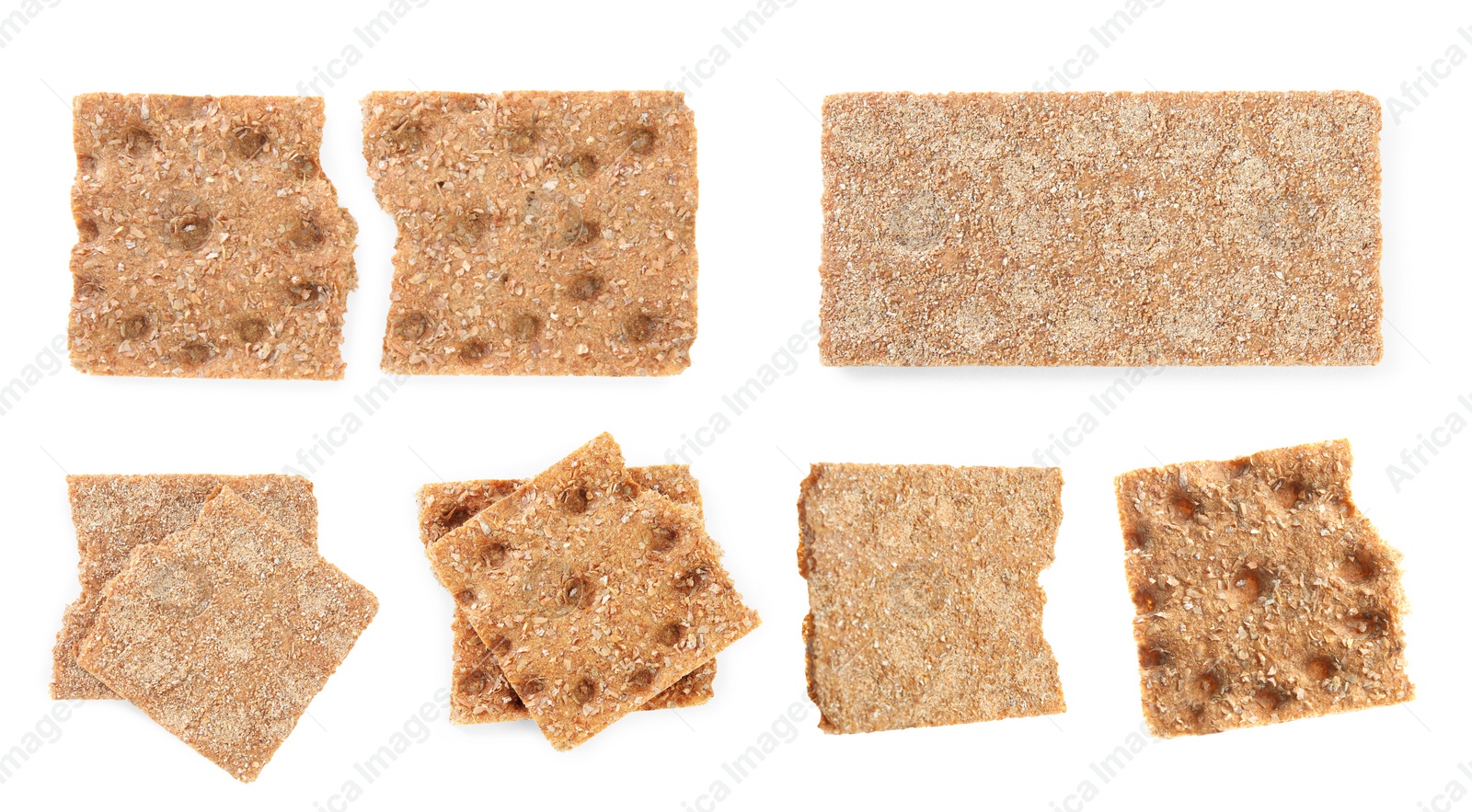 Image of Set with fresh crunchy rye crispbreads on white background, top view. Banner design