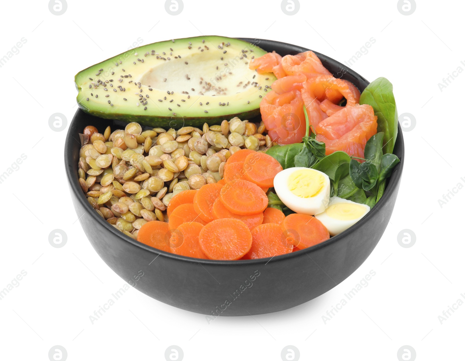 Photo of Delicious lentil bowl with carrot, avocado, egg and salmon on white background