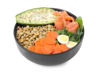 Delicious lentil bowl with carrot, avocado, egg and salmon on white background