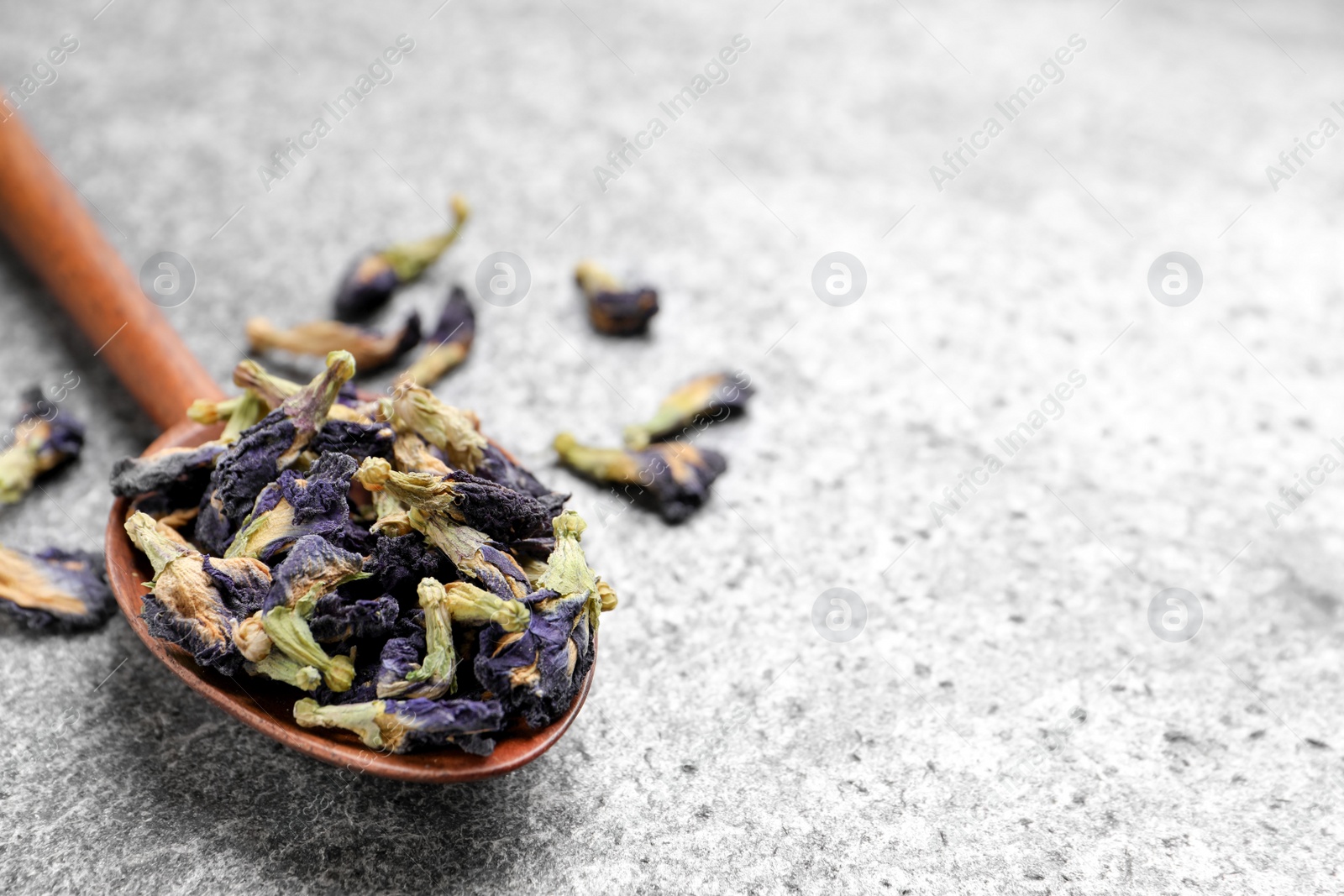 Photo of Spoon and dry organic blue Anchan on grey table, closeup with space for text. Herbal tea