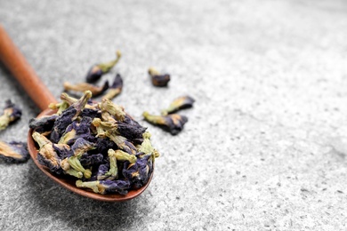 Photo of Spoon and dry organic blue Anchan on grey table, closeup with space for text. Herbal tea