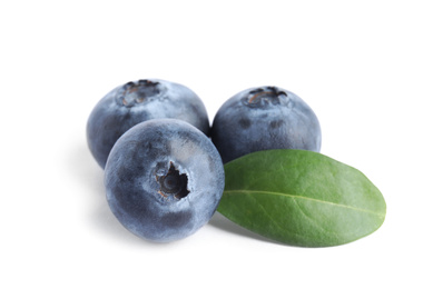 Photo of Fresh ripe blueberries with leaf on white background