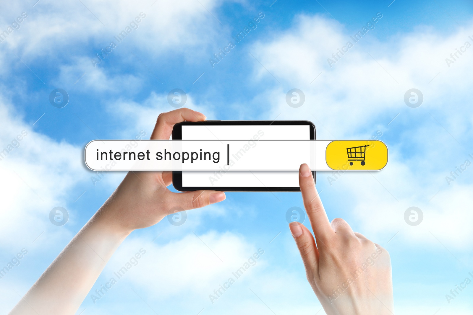 Image of Online shopping. Woman with smartphone using search bar