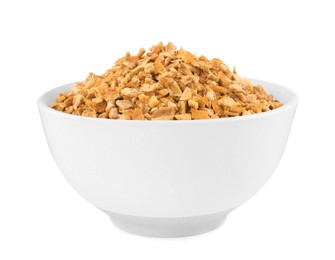 Photo of Bowl of dried orange zest seasoning isolated on white