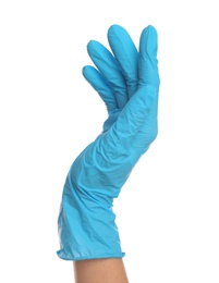 Doctor wearing medical gloves on white background, closeup