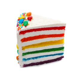 Photo of Slice of delicious rainbow cake on white background