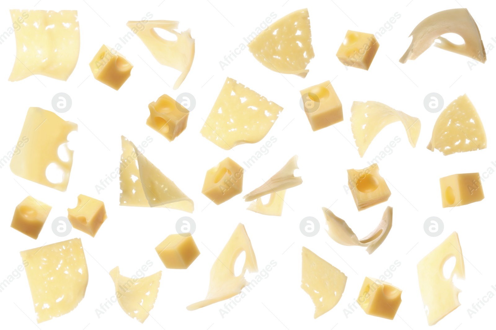 Image of Collage with pieces of cheese falling on white background