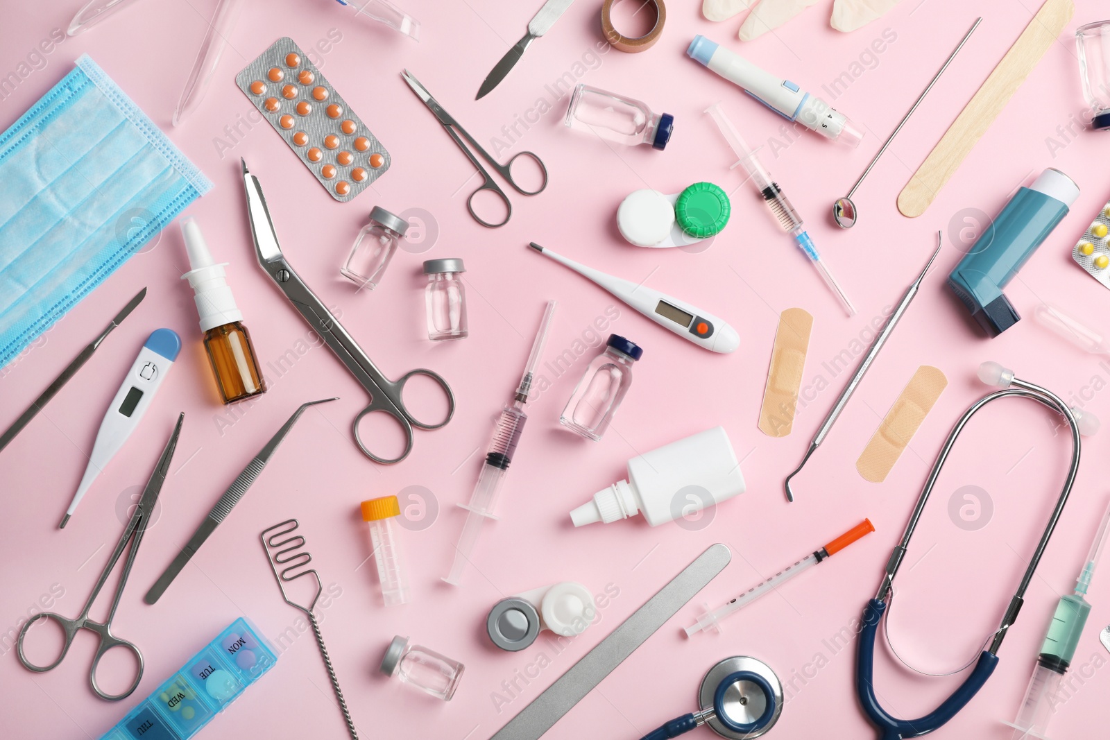 Photo of Many different medical objects on color background, flat lay