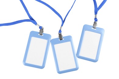 Photo of Blank badges on white background. Mockup for design