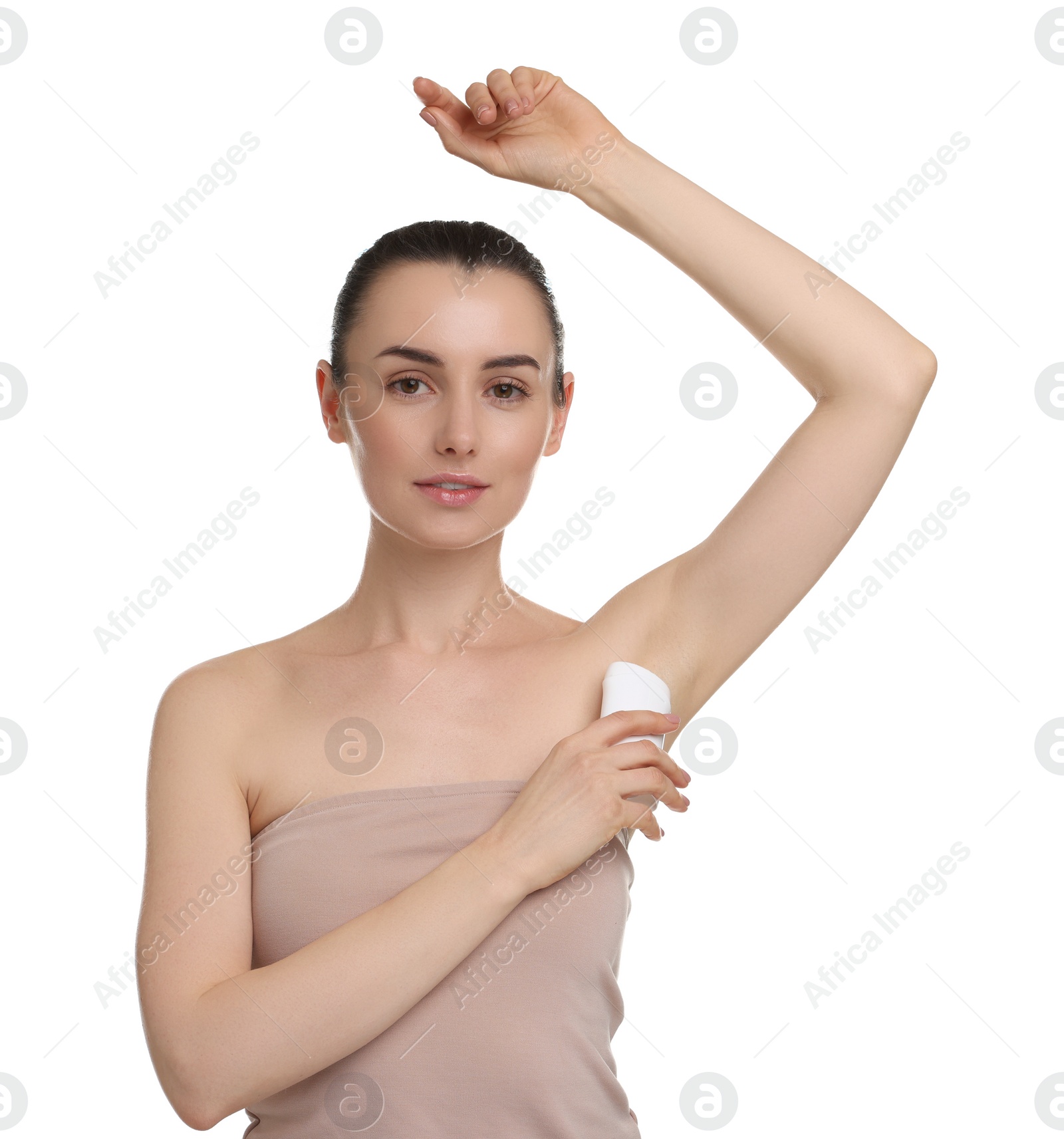 Photo of Beautiful woman applying deodorant on white background