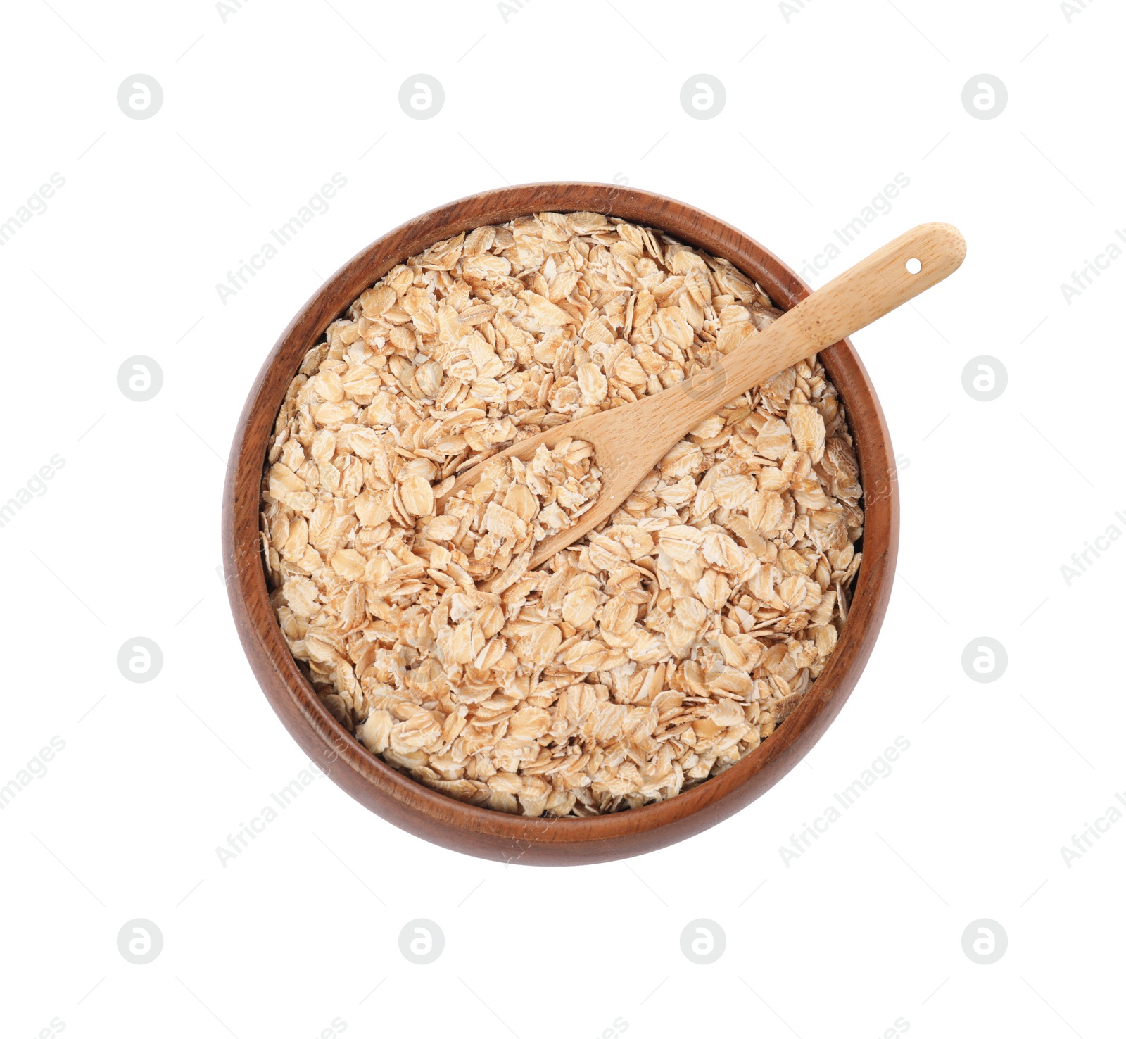 Photo of Bowl with oatmeal and scoop isolated on white, top view