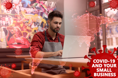 Double exposure of young man working with laptop in his cafe and world map. Small business crisis during covid-19 outbreak