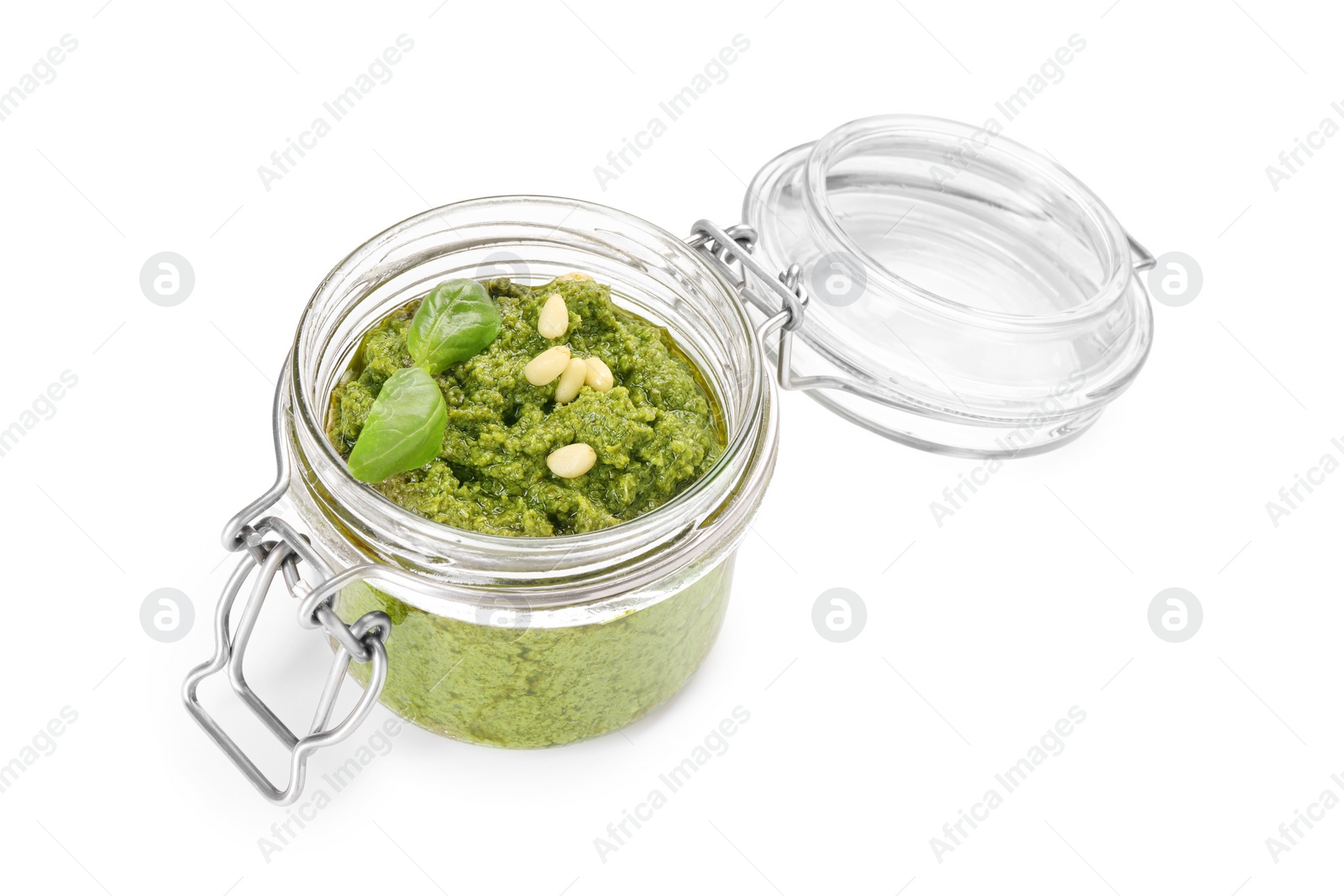 Photo of Fresh tasty pesto sauce isolated on white