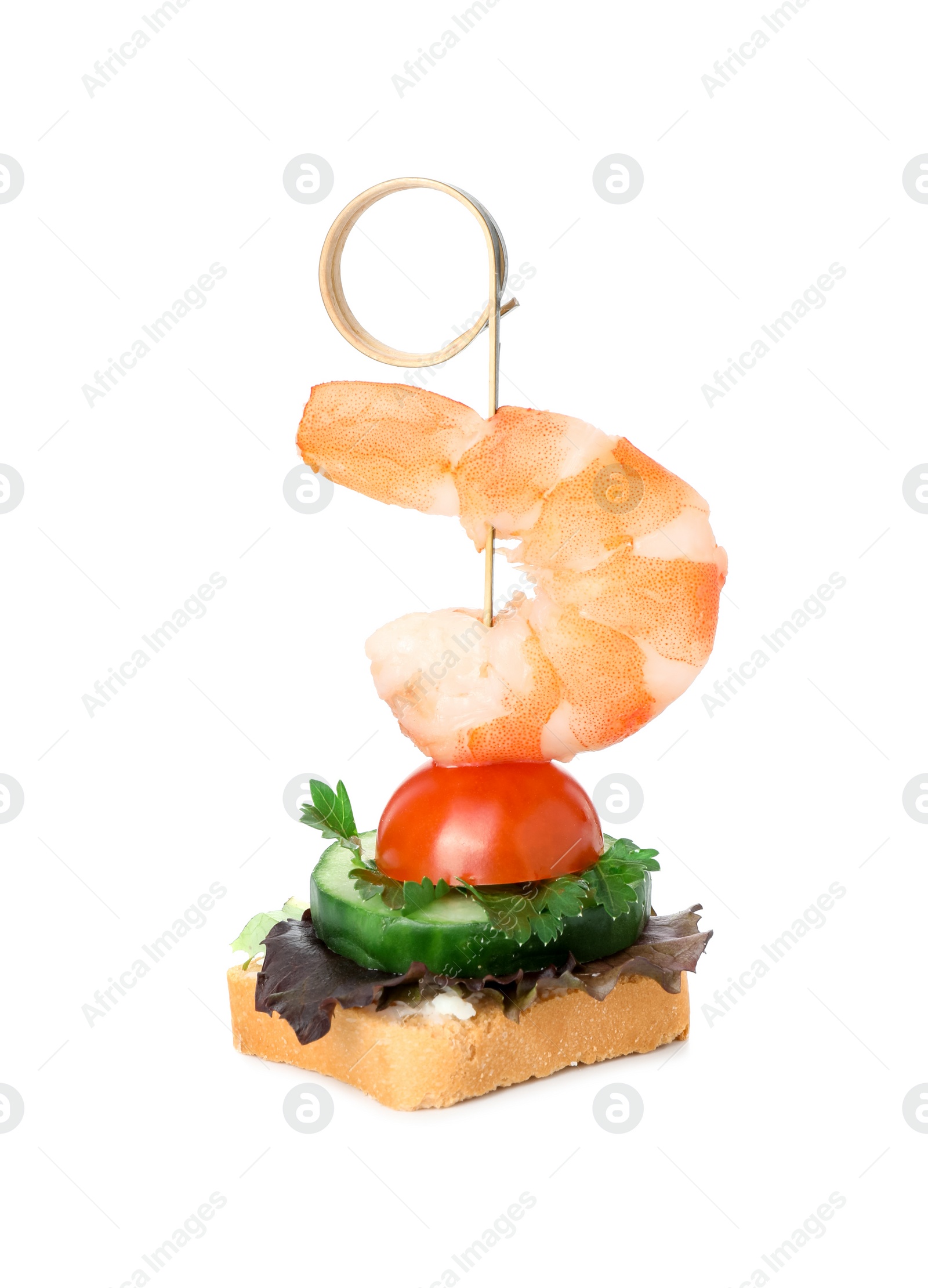 Photo of Tasty canape with shrimp, cucumber, greens and tomato isolated on white