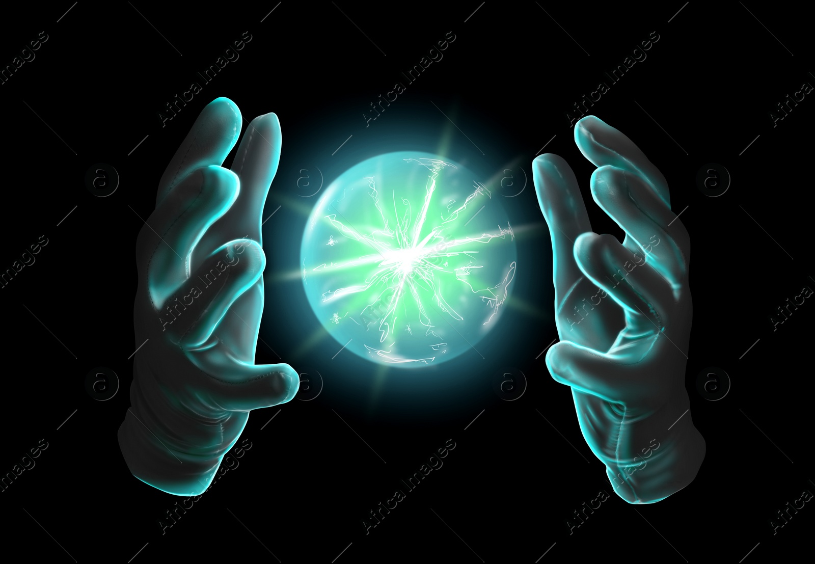 Image of Magician performing magic trick on black background, closeup