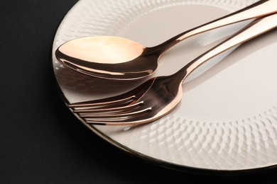 Clean plate, fork and spoon on black table, closeup