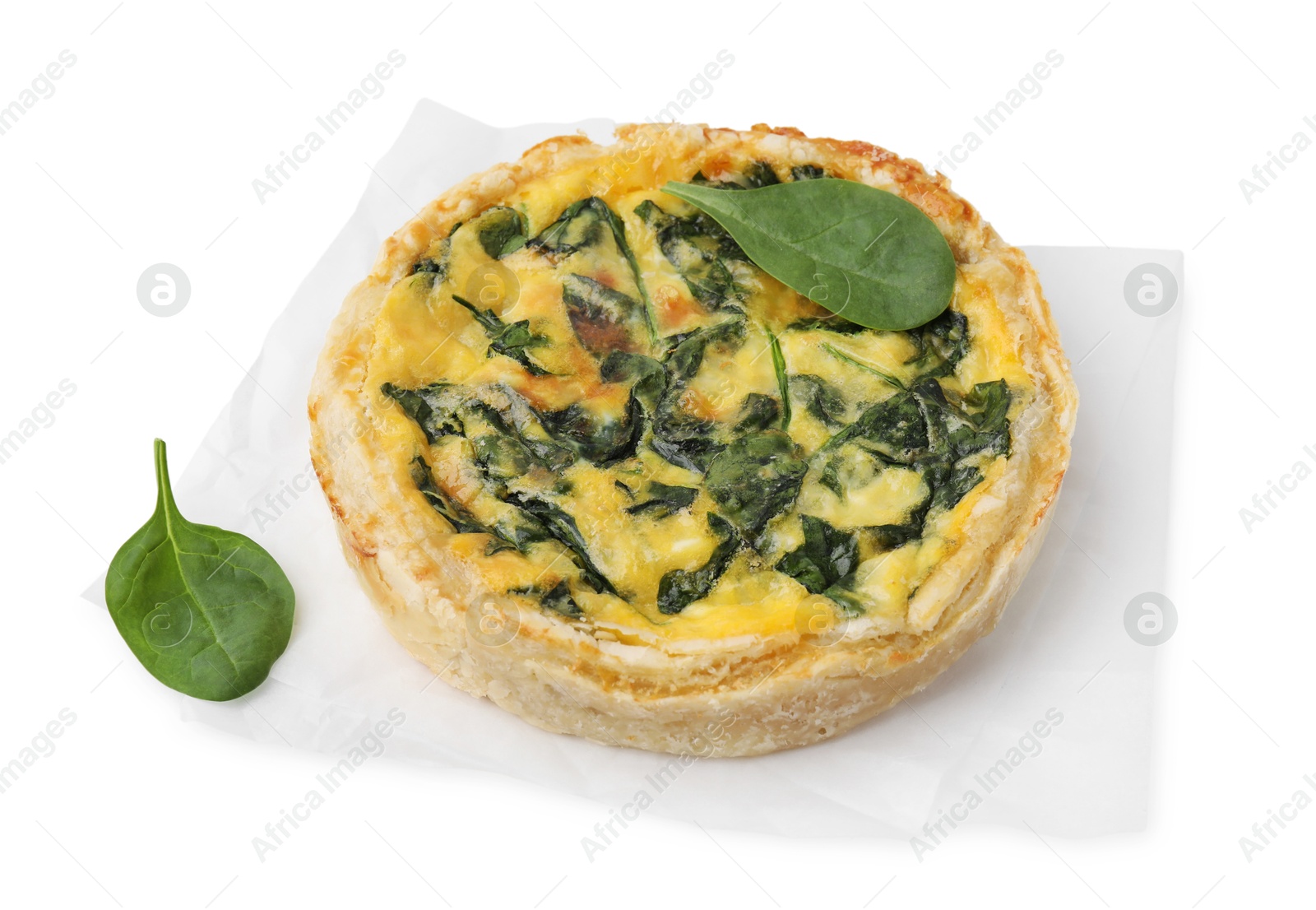 Photo of Delicious pie with spinach isolated on white