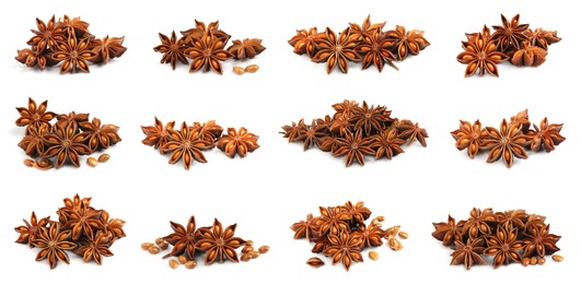 Image of Set with dry anise anise stars on white background. Banner design