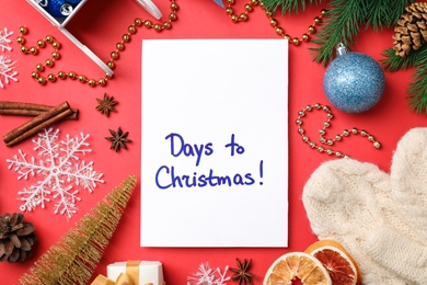 Photo of Paper and different decor on color background, top view. Christmas countdown