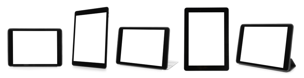 Set of tablet computers on white background, banner design. Space for text