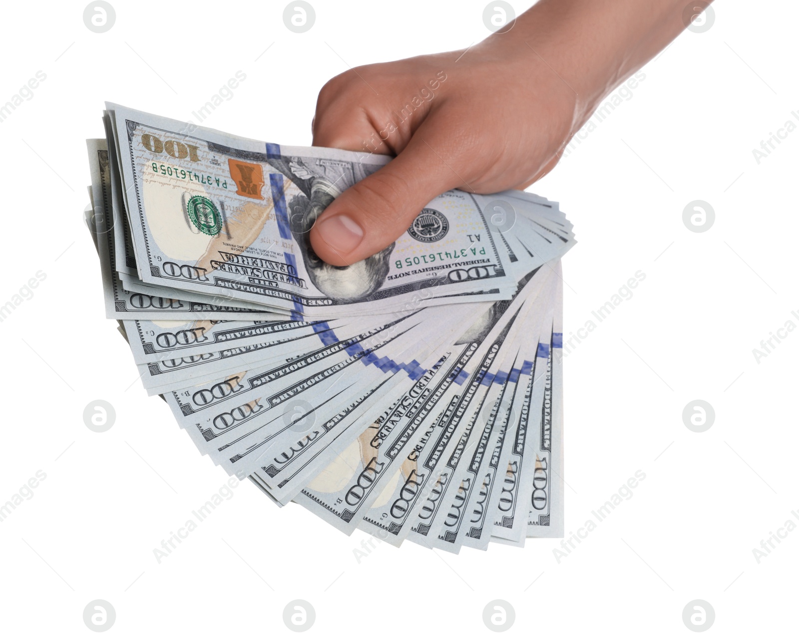 Photo of Money exchange. Man holding dollar banknotes on white background, closeup