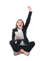 Emotional businesswoman in office wear with tablet celebrating victory on white background