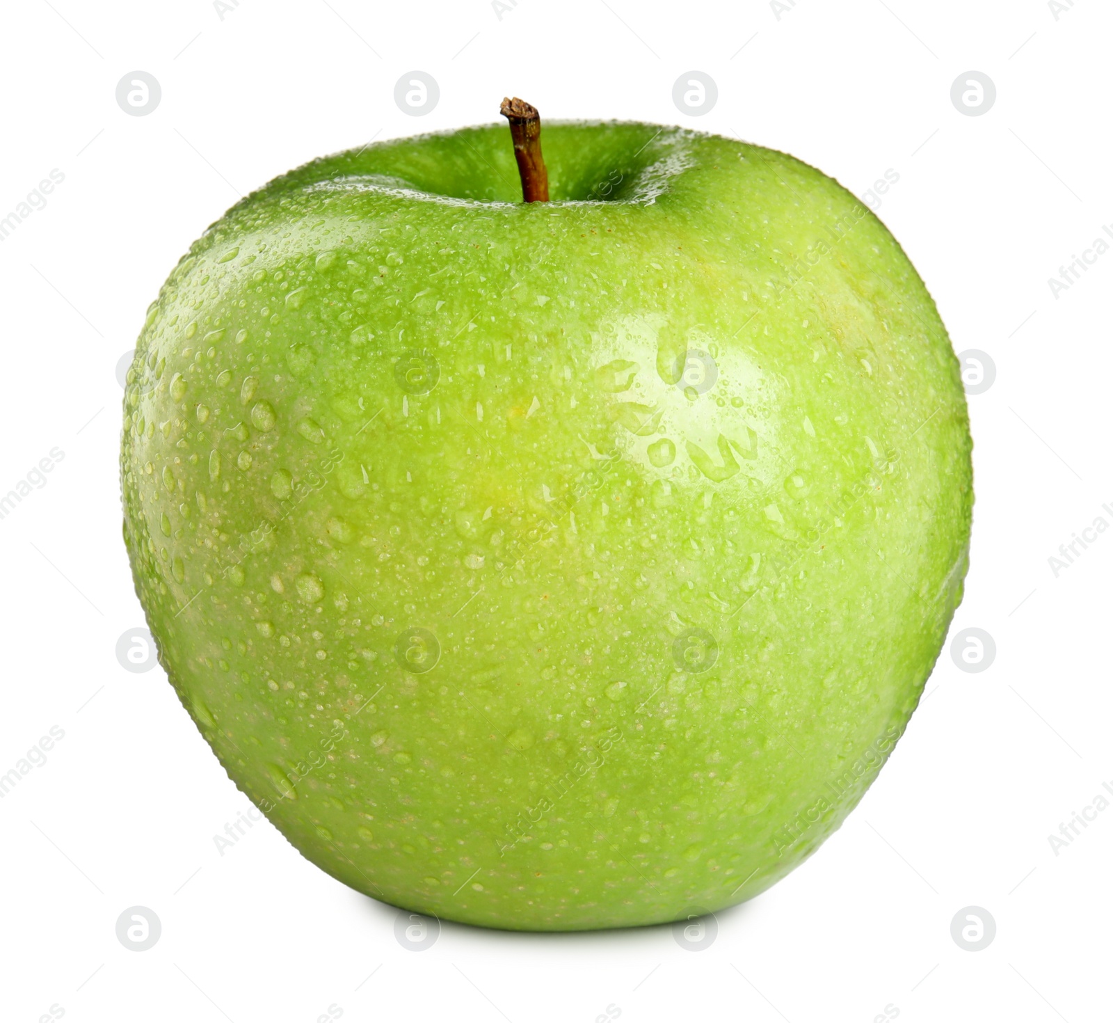 Photo of Delicious ripe green apple with water drops isolated on white