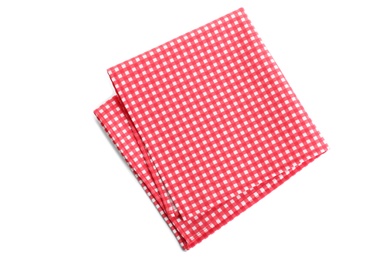 Photo of Folded red checkered tablecloth isolated on white, top view