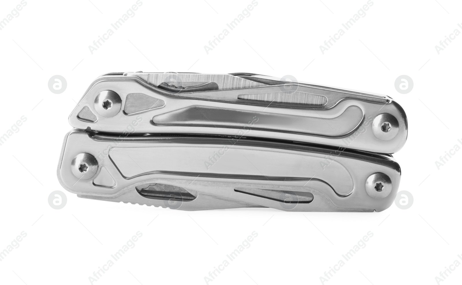 Photo of Compact portable stainless multitool isolated on white