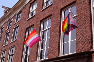 Photo of Rainbow and lesbian flags on building outdoors