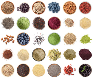 Image of Set of different superfoods on white background, top view