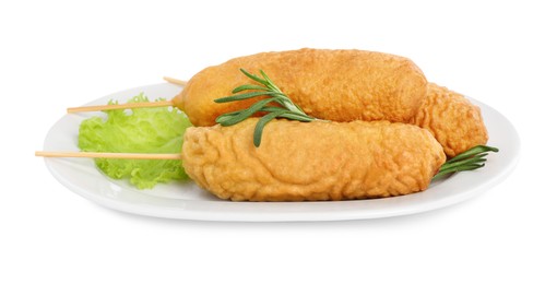 Photo of Delicious deep fried corn dogs with lettuce and rosemary on white background