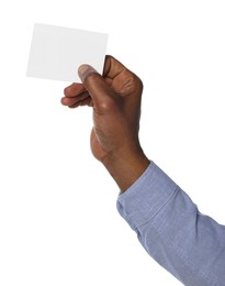 Photo of African American man holding paper cards on white background, closeup. Mockup for design