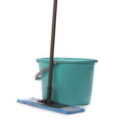 Mop and plastic bucket on white background. Cleaning service