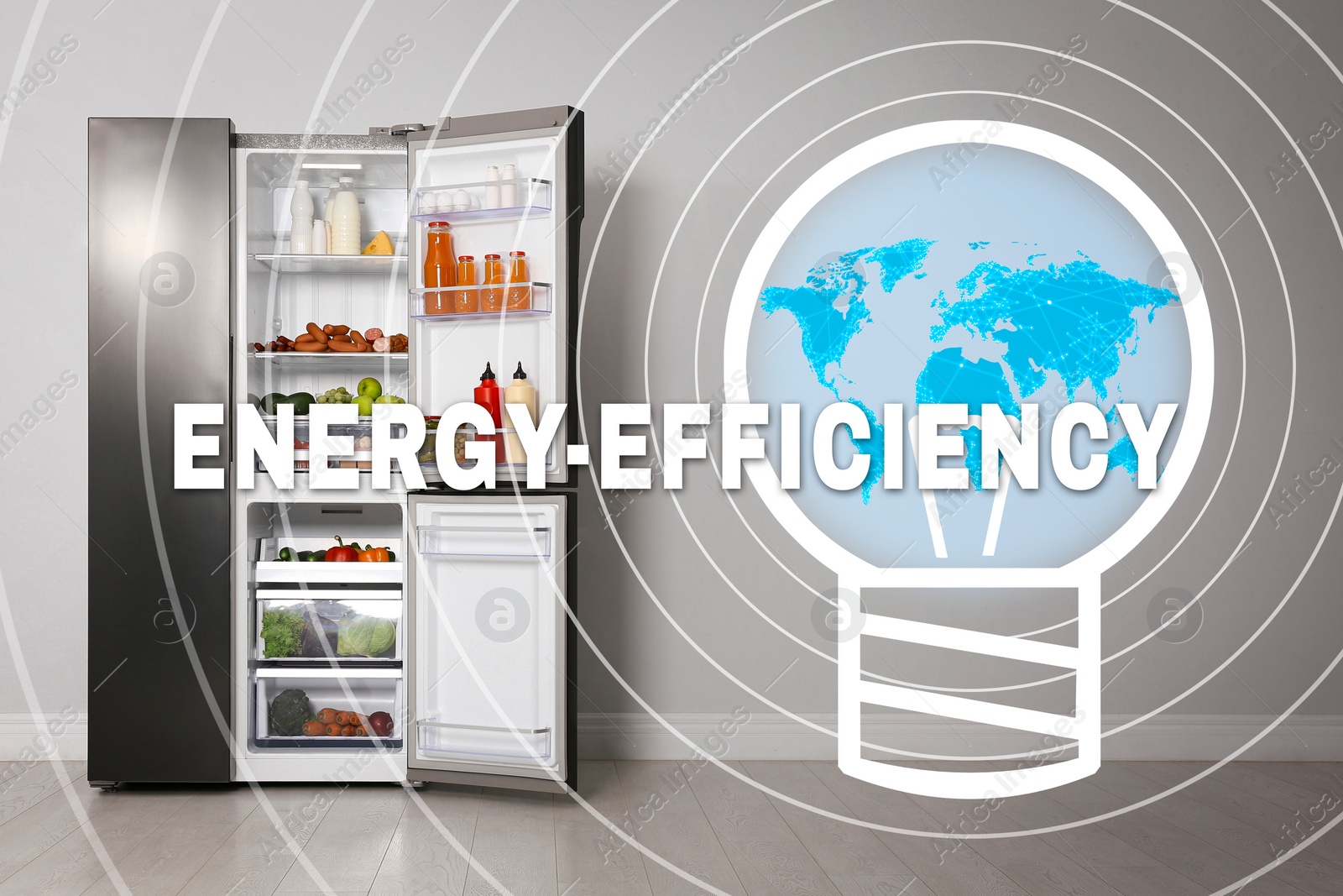 Image of Energy efficiency. Open refrigerator near light grey wall. Illustration of light bulb with world map inside