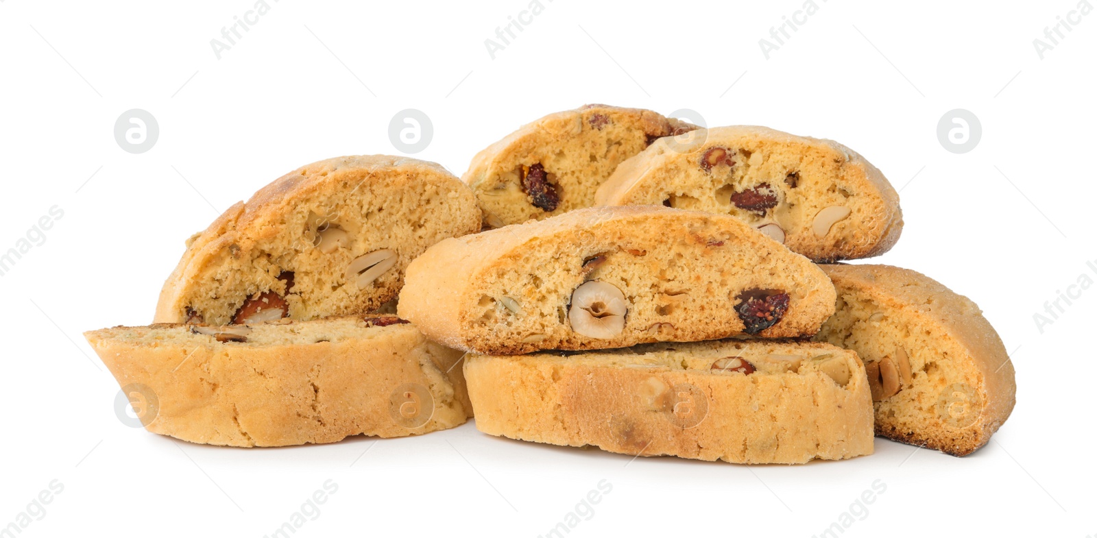 Photo of Slices of tasty cantucci with berry and pistachio on white background. Traditional Italian almond biscuits