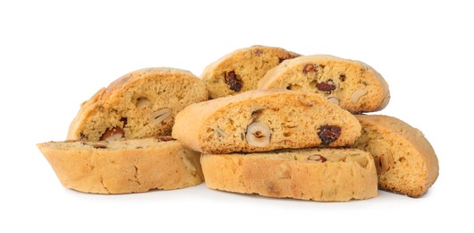 Photo of Slices of tasty cantucci with berry and pistachio on white background. Traditional Italian almond biscuits