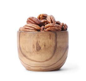 Photo of Ripe shelled pecan nuts in bowl on white background