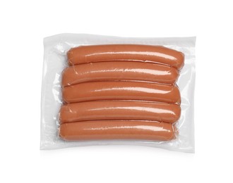 Photo of Pack of fresh raw sausages isolated on white, top view. Ingredients for hot dogs