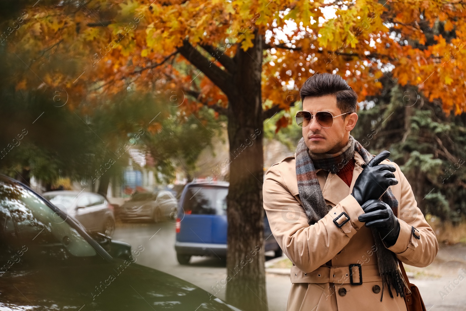 Photo of Handsome stylish man putting on black leather gloves outdoors. Space for text