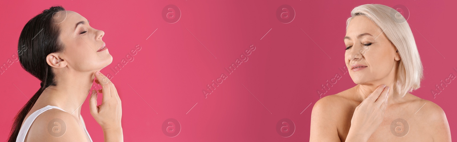 Image of Beautiful mature women on pink background, space for text. Banner design